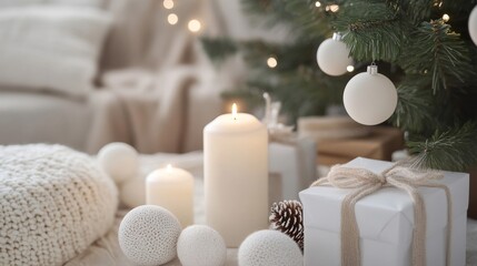 White Christmas Decorations with Candles and a Gift