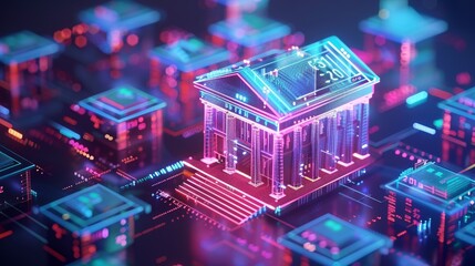 Online banking concept, virtual bank on circuit board