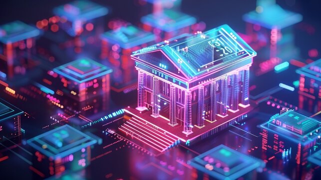 Online banking concept, virtual bank on circuit board
