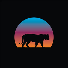 Silhouette of a tiger against a striped retro sunset. Original vector illustration in vintage style isolated on light background. T-shirt design.