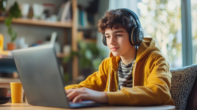A student engaging in an online lesson on a sleek laptop with headphones in a modern home study setup vibrant colors and clear details