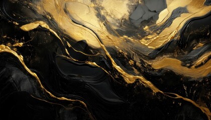 Obraz premium Black and Gold luxury Background texture with copy space for text. Dynamic golden brushstrokes and splashes on black Generated image
