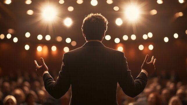 Nervous speaker fidgeting with hands, intense gestures, captivating speech, audience in focus, spotlight emphasizing speaker's emotion