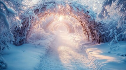 A Sunlit Pathway Through A Snow-Covered Forest Archway