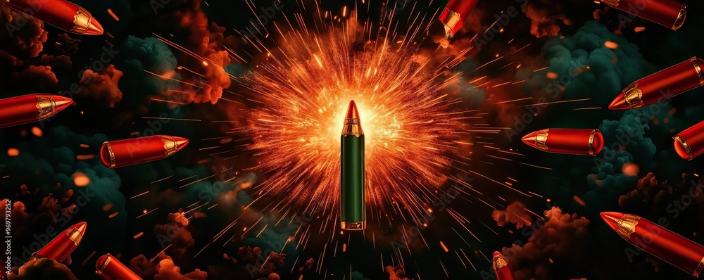 Aufkleber a dramatic depiction of a single bullet surrounded by explosive energy, symbolizing power and intens