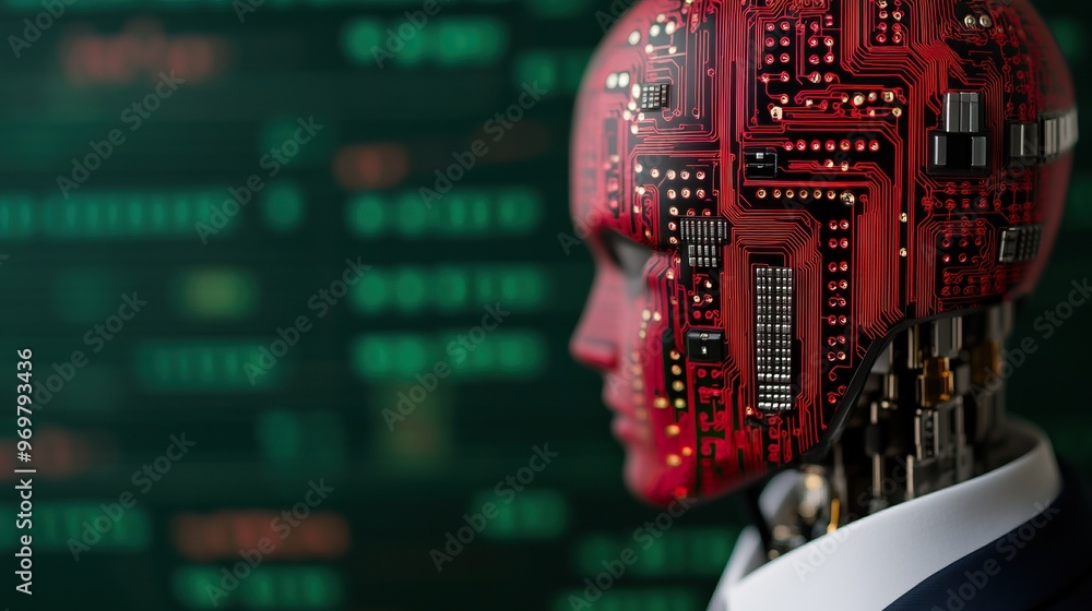 Aufkleber a futuristic robot with a circuit board head against a digital backdrop, symbolizing the intersectio