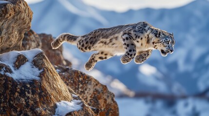 Snow Leopard Leaping Over Rocks in the Mountains