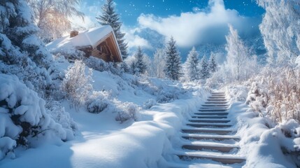 Snow-Covered Cabin with Steps Leading into a Snowy Mountain Forest