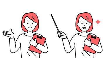 クリップボードを持って説明するカジュアルな女性　セット