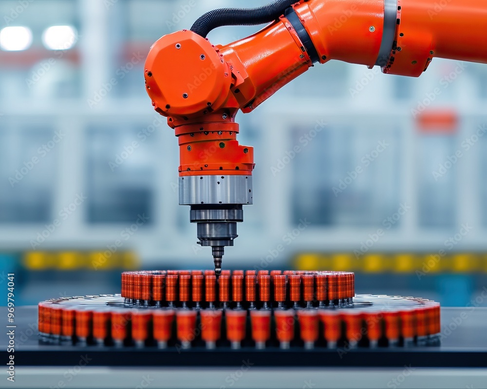 Poster a modern robotic arm working on a circular assembly, showcasing advanced automation and precision in