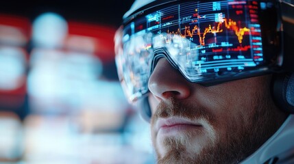 A futuristic trading bot wearing augmented reality glasses and viewing financial data, virtual trading, augmented AI trading tools