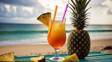 A vibrant cocktail garnished with pineapple sits on a beachside table, capturing a joyful, refreshing summer atmosphere