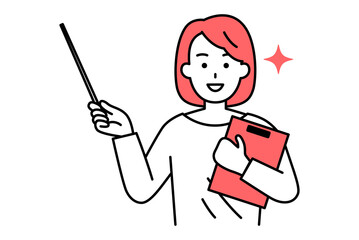 クリップボードと指示棒を持って説明するカジュアルな女性