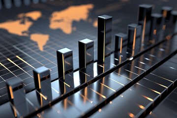 Visual representation of global financial markets with world map and illuminated bar graphs depicting data trends.