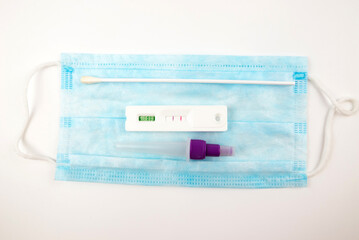 Covid positive test on blue medical face mask background, Covid-19 negative, result antigen test kit (ATK), prevent virus infection, Disposable surgical, air