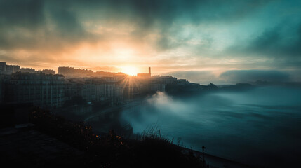 A serene sunrise over coastal city, with mist rising from water and buildings silhouetted against vibrant sky. atmosphere is tranquil and captivating