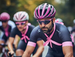Cyclists wearing pink ribbons on helmets, participating in a charity event for breast cancer awareness and community engagement