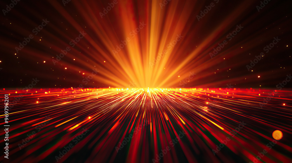 Poster a stunning visual of radiant light beams emanating from a vibrant horizon, creating an energetic and
