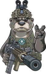 Cartoon style otter wearing military gear and holding assault rifle
