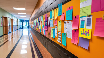 A vibrant school hallway featuring colorful sticky notes and posters pinned to the wall, fostering creativity and communication.