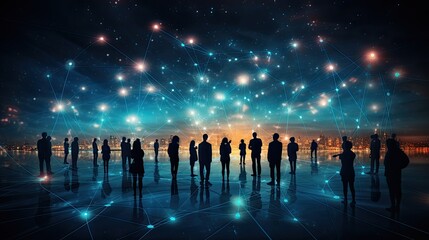 silhouetted figures connected by glowing lines on a dark blue background, concept of network or social connectivity.