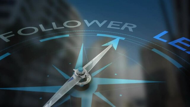 Animation of compass with follower leader text over city