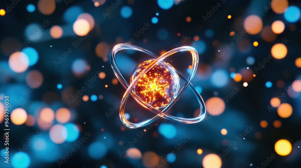 Poster abstract representation of an atom with glowing particles and vibrant colors, symbolizing science an
