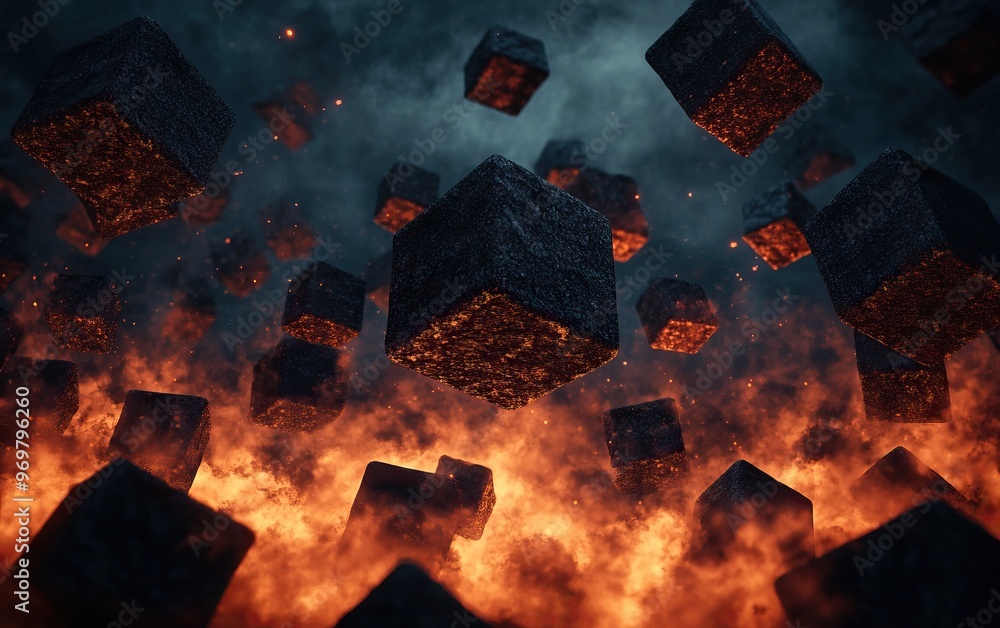 Poster an abstract portrayal of floating cubes in a fiery landscape, evoking a sense of chaos and intensity