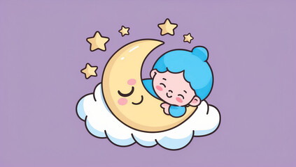 Little cartoon baby sleeping on a cloud, flat design illustration