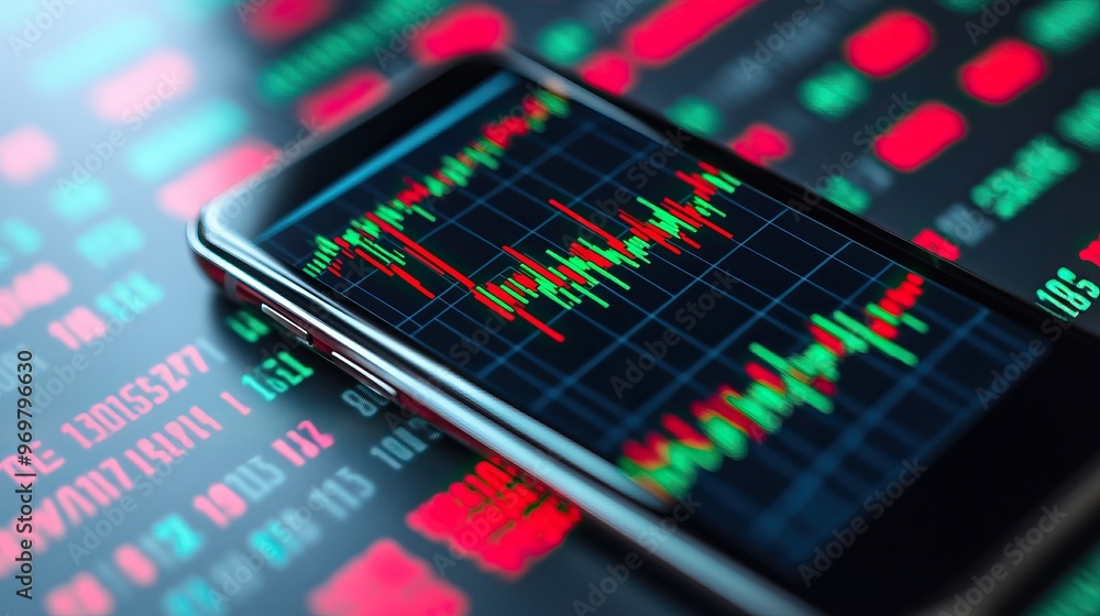 Poster close-up of a smartphone displaying stock market data with green and red indicators, symbolizing tra