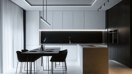 Modern kitchen design features sleek cabinetry, minimalist decor, and stylish dining area. contrast of light and dark elements creates sophisticated atmosphere