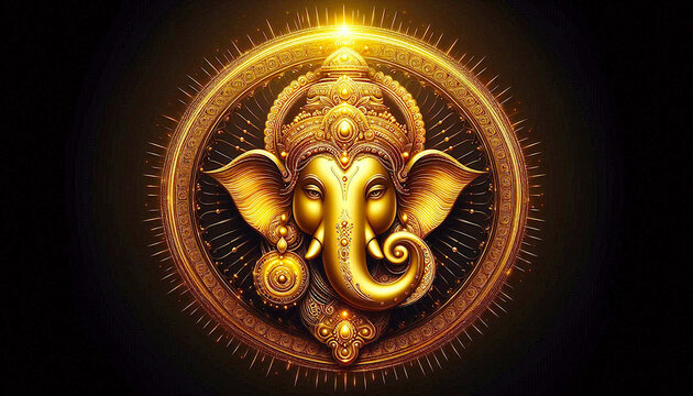 golden illustration style Indian Hindu religion god Ganesh or Ganesha idol for offering prayers during Hindu festival Ganesh chathurthi, wedding, Hindu ceremony, invitation, black background