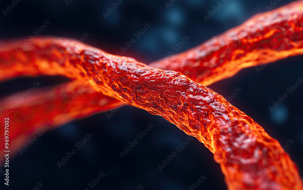Poster close-up view of twisted red fibers, showcasing intricate textures against a dark background. ideal 