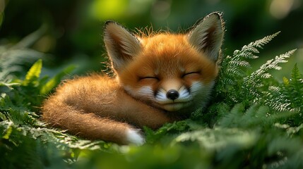 Fototapeta premium Close-up of a small fox resting in a field of green grass with its eyes closed