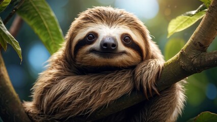 Fototapeta premium A sloth is sitting on a branch in a tree.