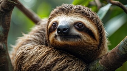 Fototapeta premium A sloth is sitting on a branch in a tree.