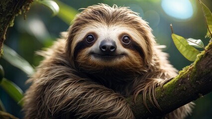 Fototapeta premium A sloth is sitting on a branch in a tree.