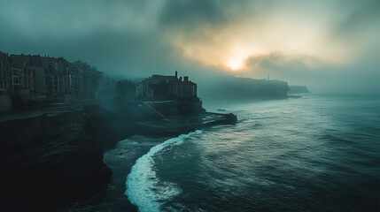 A serene coastal scene at dawn, featuring misty cliffs and gentle waves lapping against shore. soft light of rising sun creates tranquil atmosphere