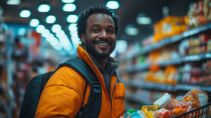 Fototapeta premium A cheerful African American man around 45 years old, dressed as a messenger, making grocery purchases in a supermarket at night. The scene features the store illuminated by evening lighting, wit