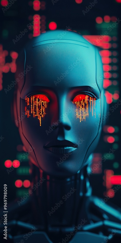 Aufkleber futuristic robot with glowing eyes, surrounded by digital data, representing advanced technology and