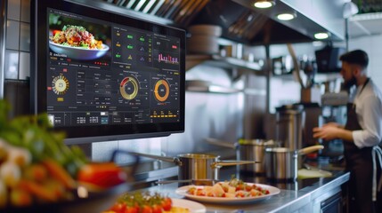 High-Tech Digital Dashboard in Restaurant Kitchen for Real-Time Energy Management