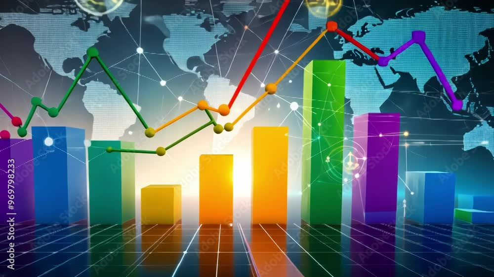 Poster a vibrant data visualization showcasing graphs and charts, illustrating business performance and glo