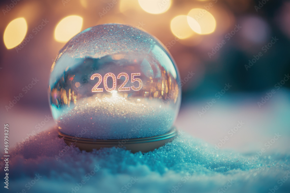 Poster crystal ball with the number 2025 inside surrounded by snow with sparkling lights in the background