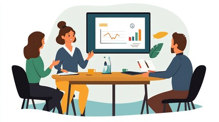 A woman presenting a business plan to two colleagues in a meeting.