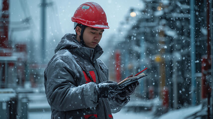 A Power Grid reporter wearing a red helmet and grey overalls is at a power grid maintenance site in winter. The ground is covered with thick snow. 