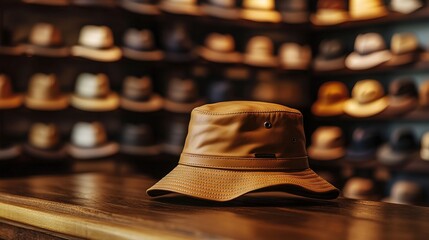Orange leather bucket hat displayed prominently on a store shelf