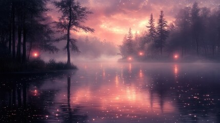 A Mystical Forest Lake at Twilight with Glowing Lights