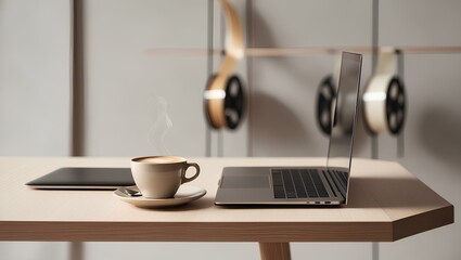 A wooden table displays a laptop alongside a cup of coffee, blending work and leisure seamlessly, Generative AI  