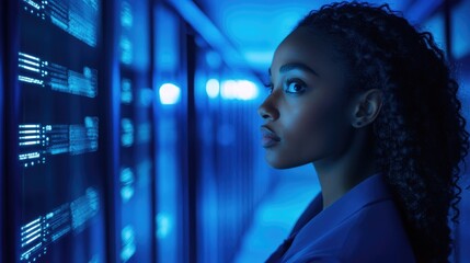 Woman in Server Room Looking at Data.