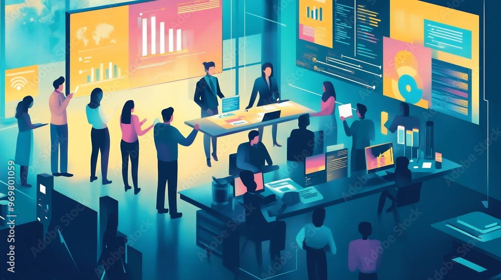 Poster a group of people in a modern office with large screens displaying graphs and charts, working on a p